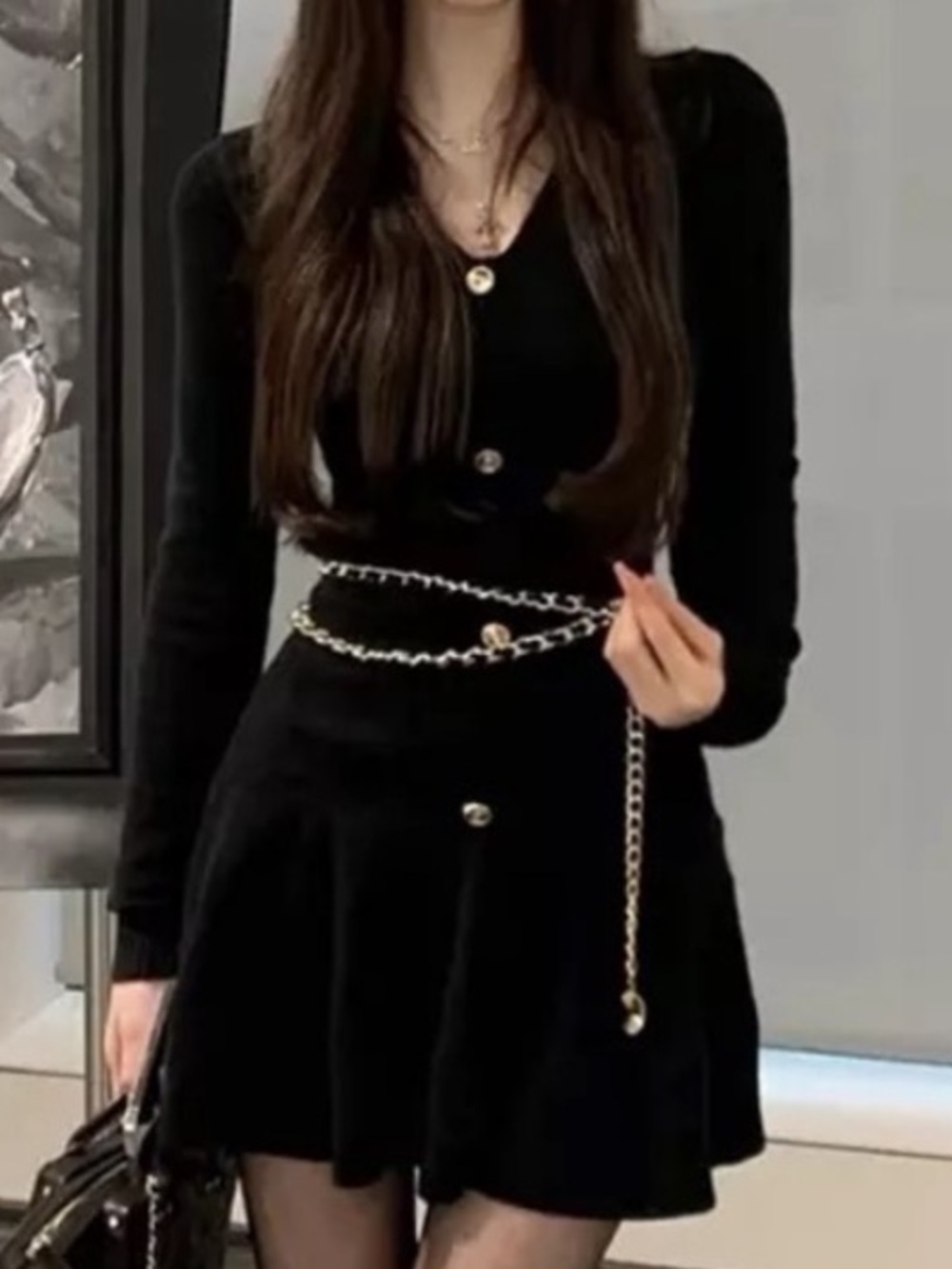 Black Long Sleeve Sweater Knit Mini Dress with Gold Button Detail ⭐
